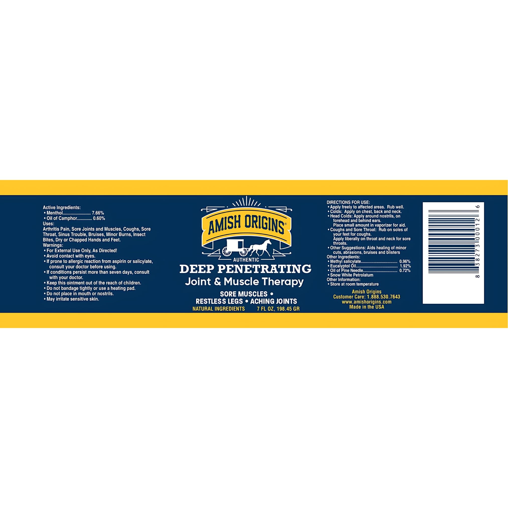 Amish Origins Joint & Muscle Ointment 7 oz Maximum Deep Penetrating Strength All Natural Discomfort Reliever for Joint, Muscle,