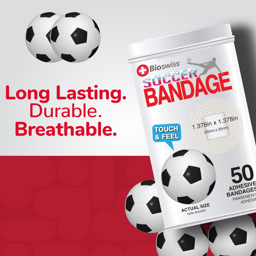 BioSwiss Bandages, Soccer Ball Shaped Self Adhesive Bandage, Latex Free Sterile Wound Care, Fun First Aid Kit Supplies for Kids,
