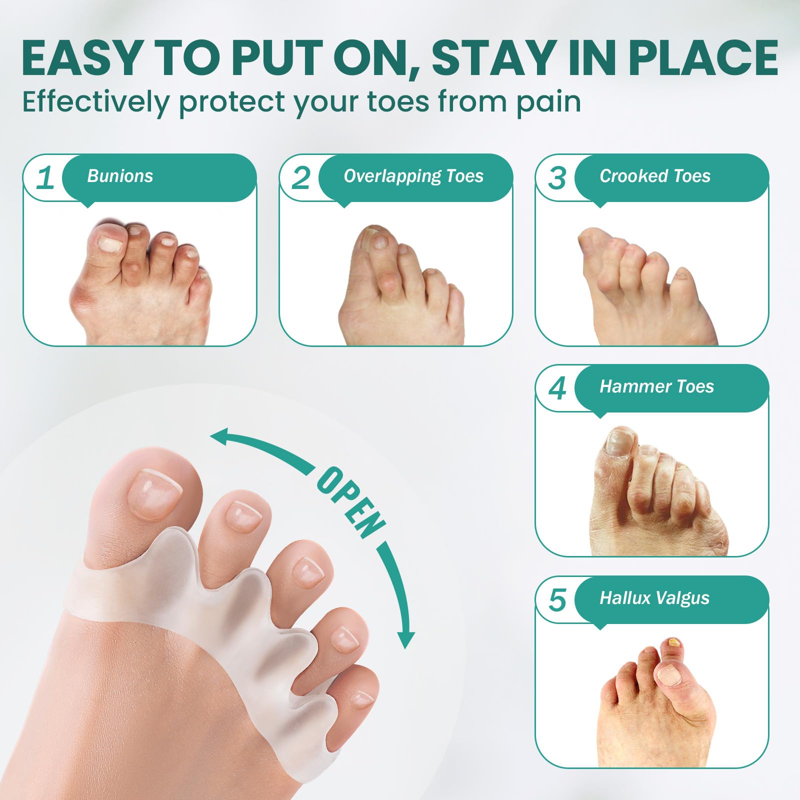 Welnove Toe Separators to Correct Bunions - 8 Pack Silicone Toe Spacers for Feet Men Women - Aloe Vera Infused Toe Spreaders for