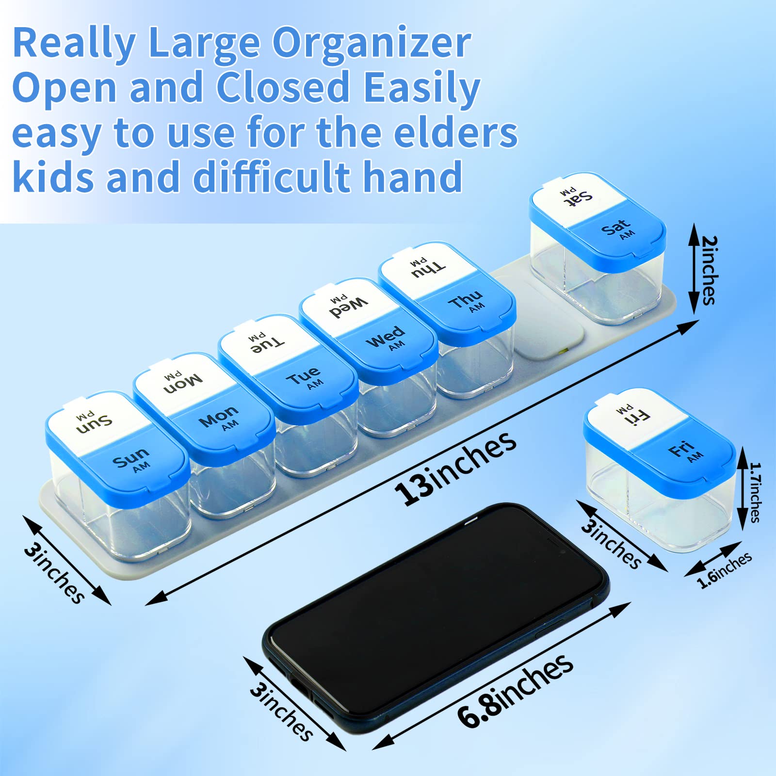 Daviky Large Pill Organizer 2 Times a Day - XL Pill Box 7 Day, Big Vitamin Holder with 7 Detachable AM/PM Compartments, Big Supp