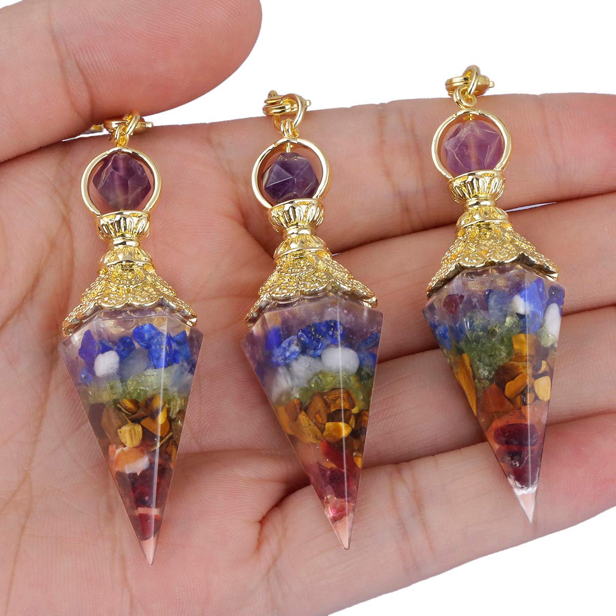 Rockcloud Healing Crystal Point Pendulum for Divination, Chakra Reiki Dowsing Balancing 6 Facet Pendant, 7 Chakra Stone
