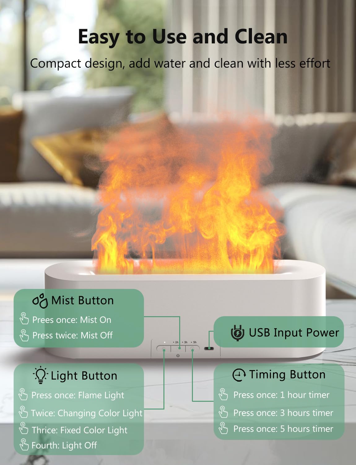 Flame Air Diffuser, Humidifier, Essential Oil Diffuser - 7 Colors, 180mL Capacity (8 Hours), Noiseless Operation, Auto-Off Prote