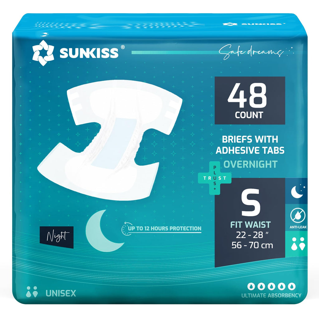 SUNKISS TrustPlus Overnight Adult Diapers with Tabs, Unisex Disposable Incontinence Briefs for Men and Women, Odor Control, Smal
