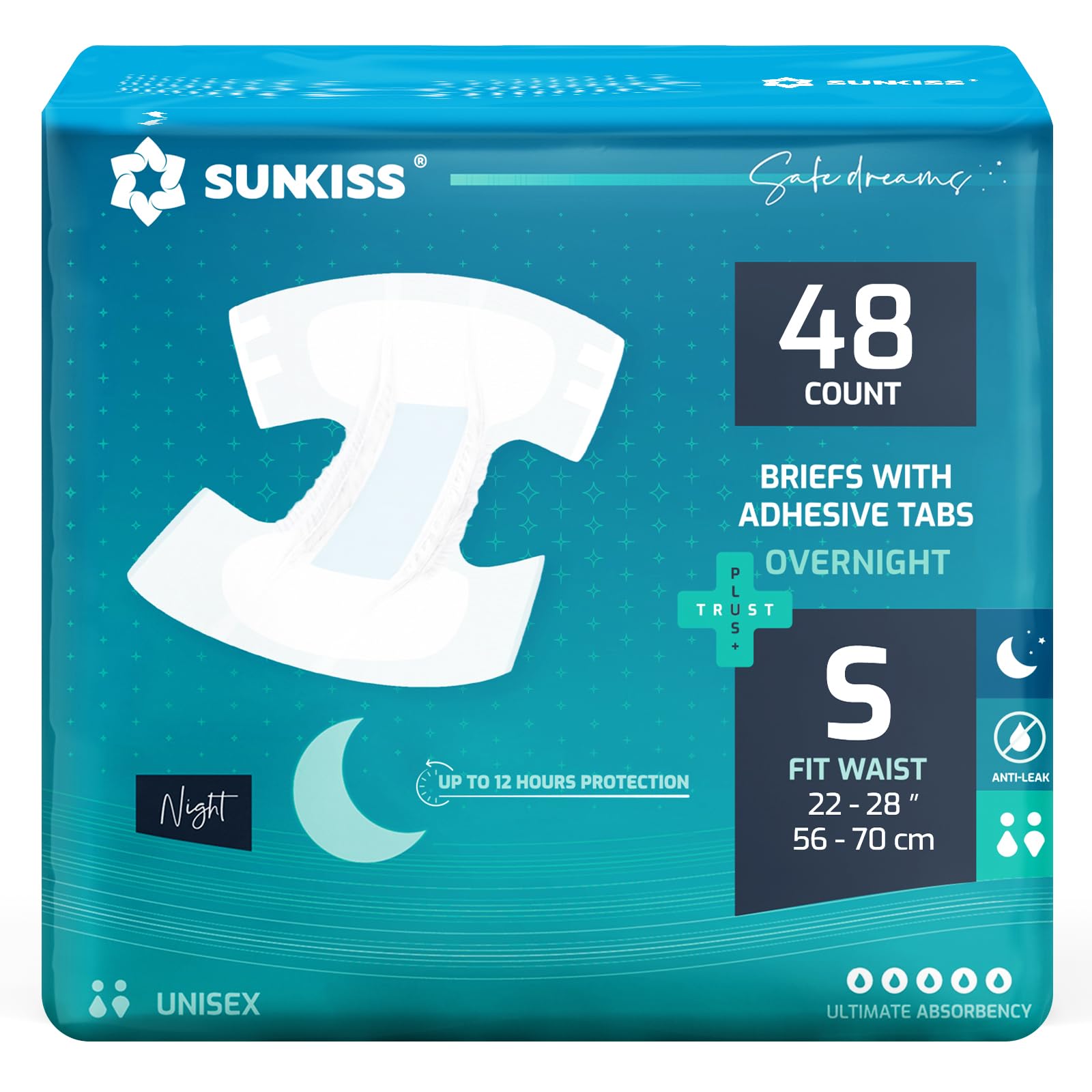 SUNKISS TrustPlus Overnight Adult Diapers with Tabs, Unisex Disposable Incontinence Briefs for Men and Women, Odor Control, Smal