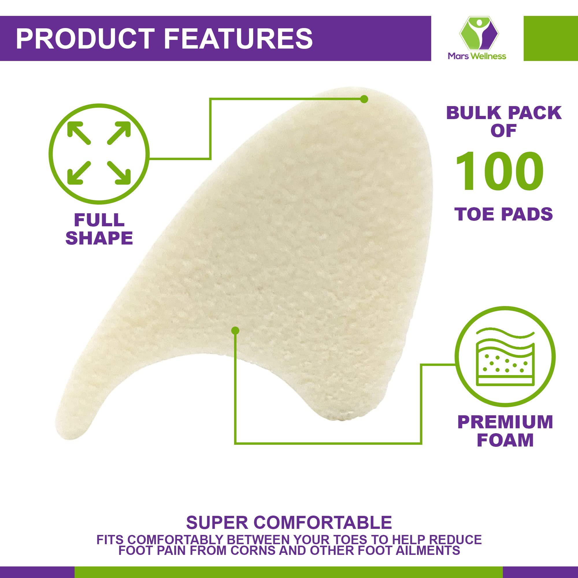 Mars Wellness Full Foam Toe Separators - Toe Spacers for Corn, Blisters, and Hammer Toe Relief - 1/4 Inch - Bulk Pack of 100 Toe