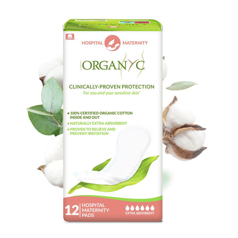 Organyc Hospital Postpartum Pads, 100% Certified Organic Cotton Pads for Women, Large Pads for First Days After Delivery, 12 Cou