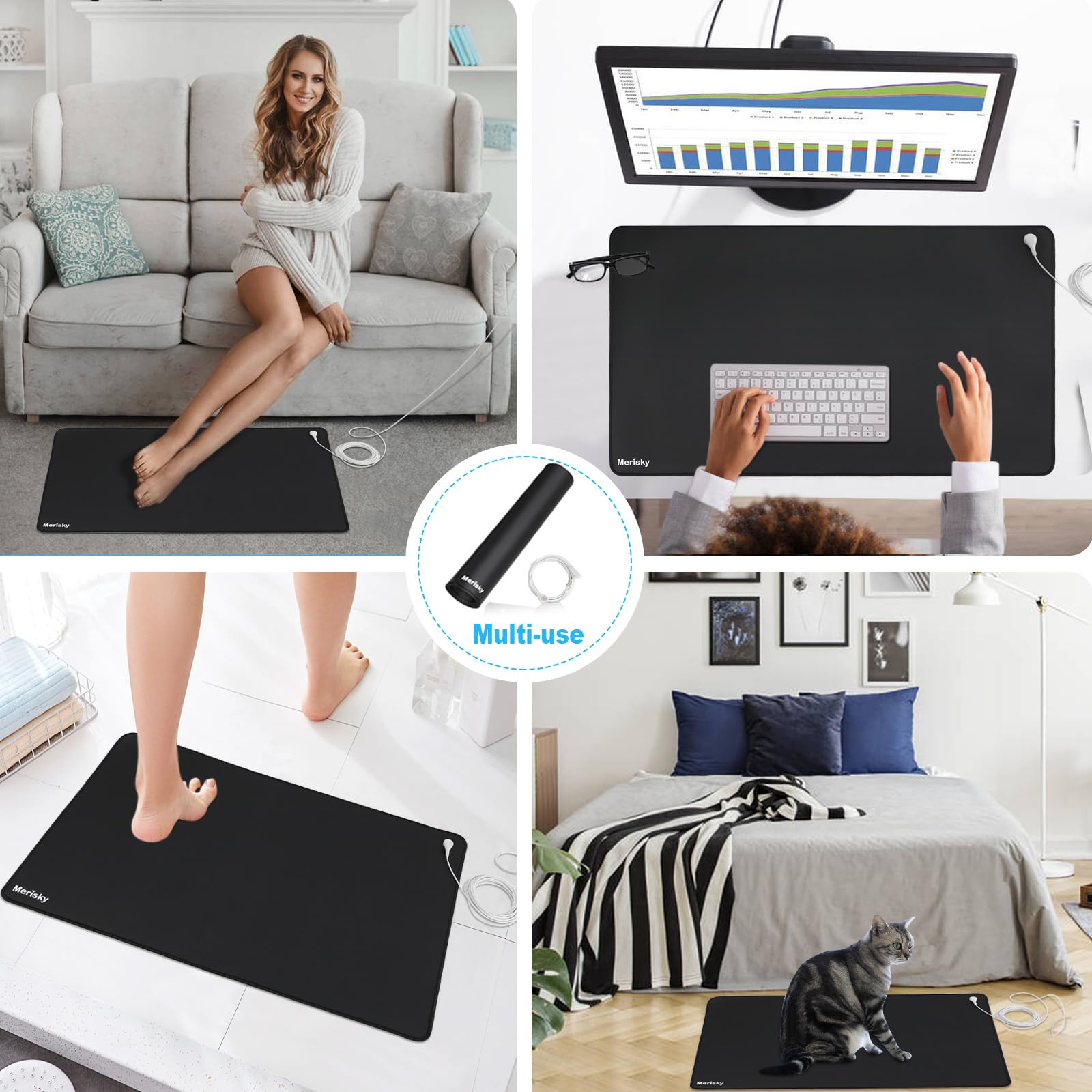 Merisky Grounding Mat, Grounding Pads for Feet Improved Sleep Energy Health, Upgraded Non-Slip Conductive Pad for Sleeping, Eart