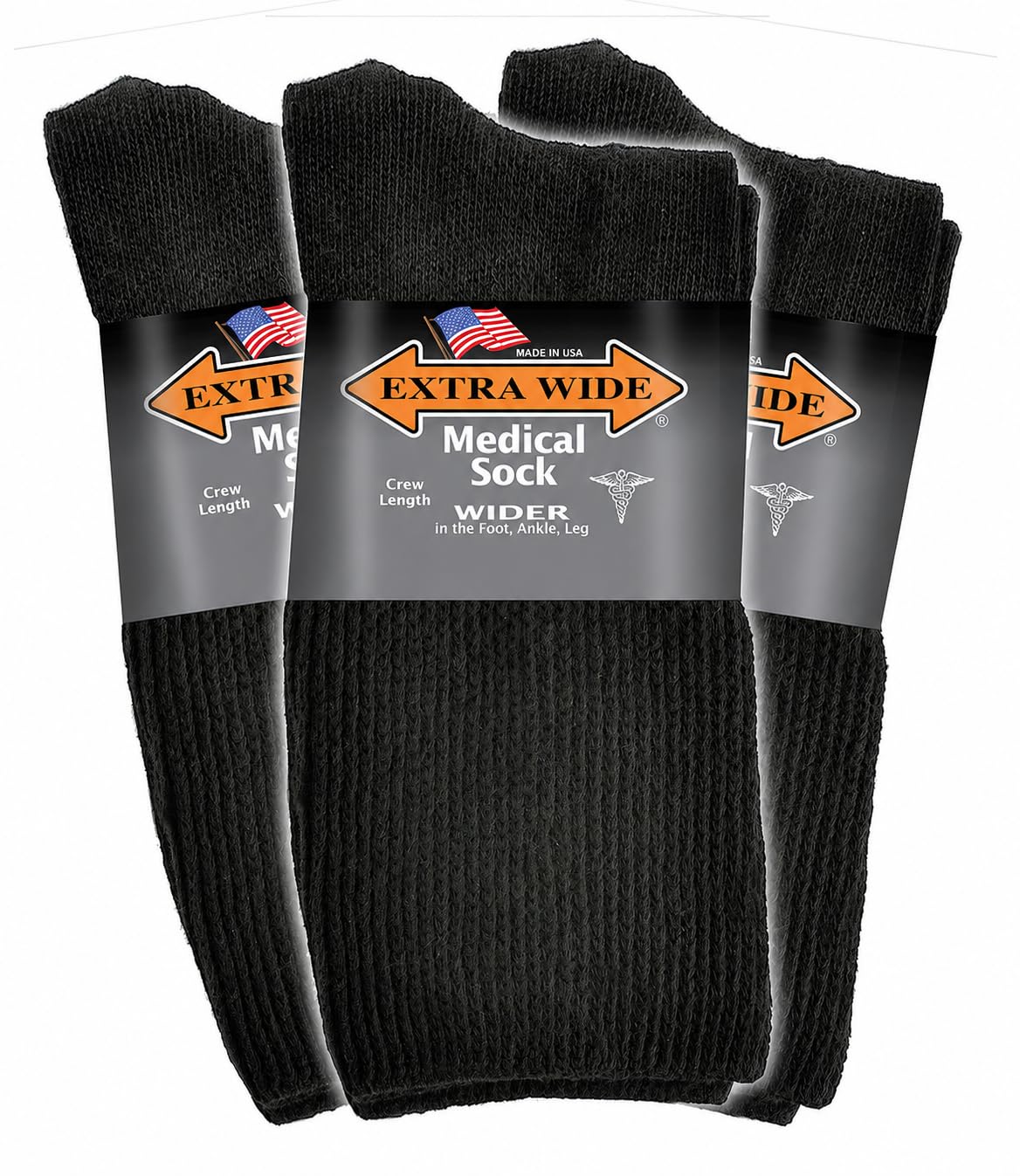 Extra Wide Medical Mid Calf Crew (Pack of 3), Made in USA, for Men and Women (US, Alpha, Large, Regular, Regular, Black)