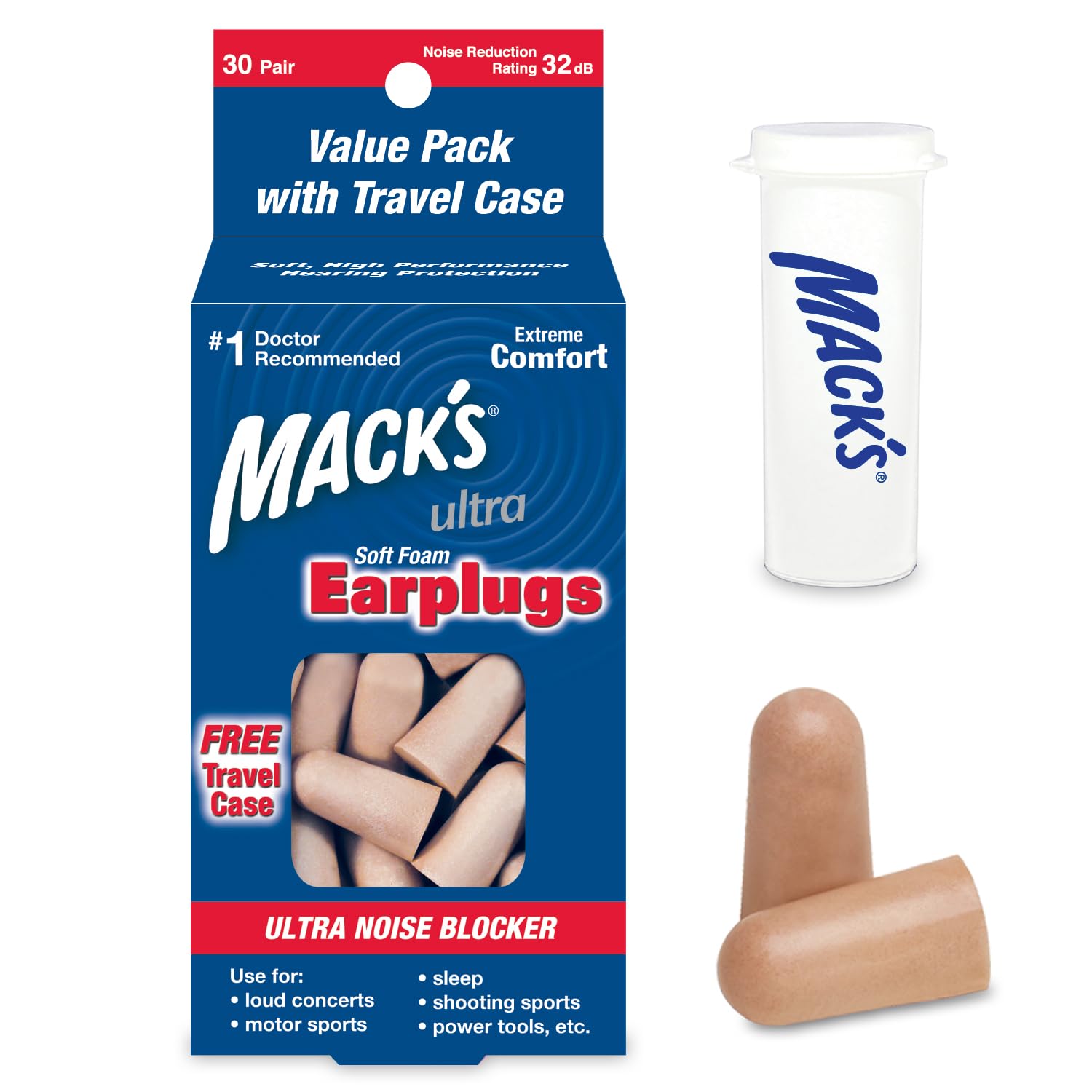 Macks Ultra Soft Foam Earplugs, 30 Pair - 33dB Highest NRR, Comfortable Ear Plugs for Sleeping, Snoring, Travel, Concerts, Stud