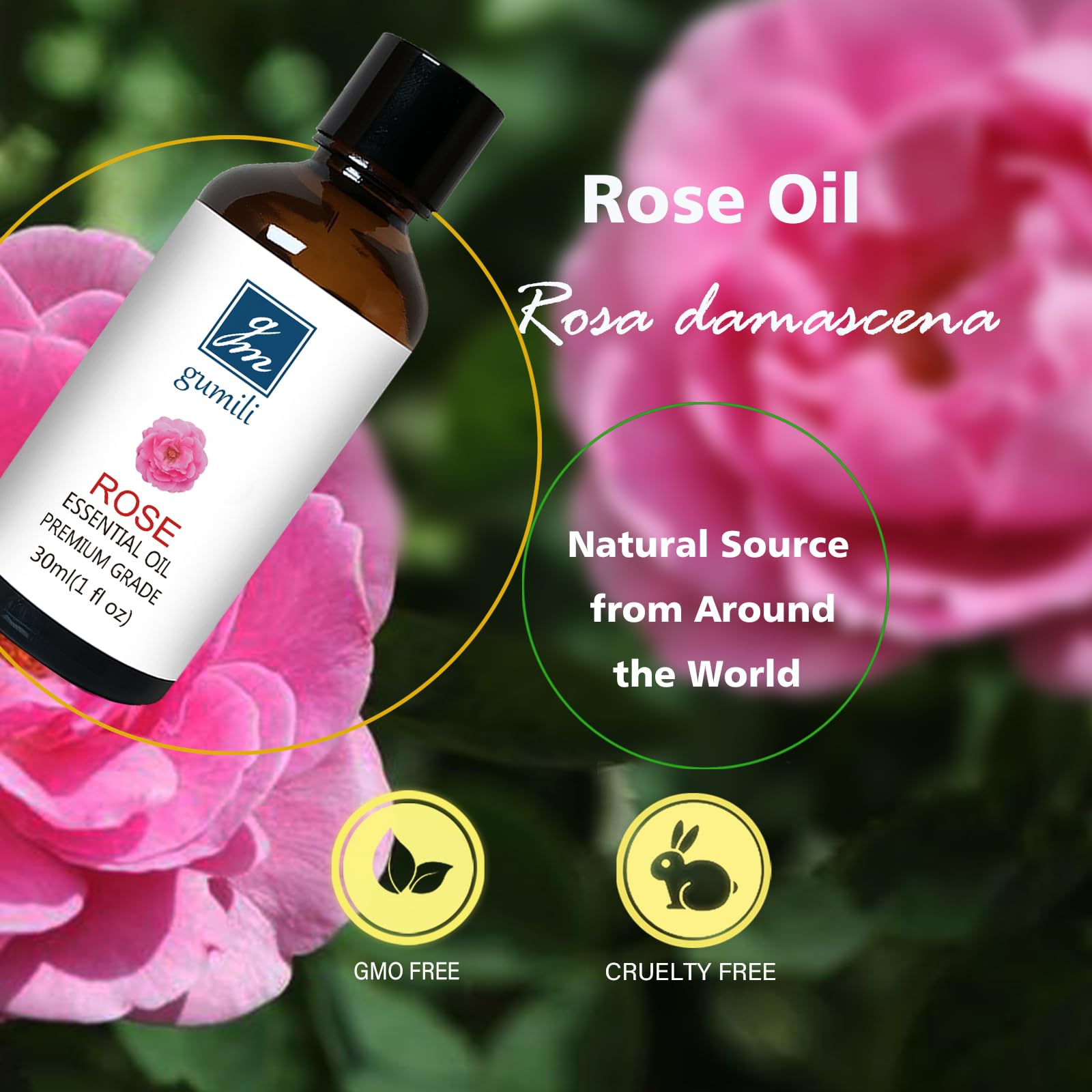 GM Gumili Rose Essential Oil, Home Fragrance Scent Oil for Diffuser, Skin, Hair, Candle, Soap, Dryer Balls, Laundry - 1 oz/30ml