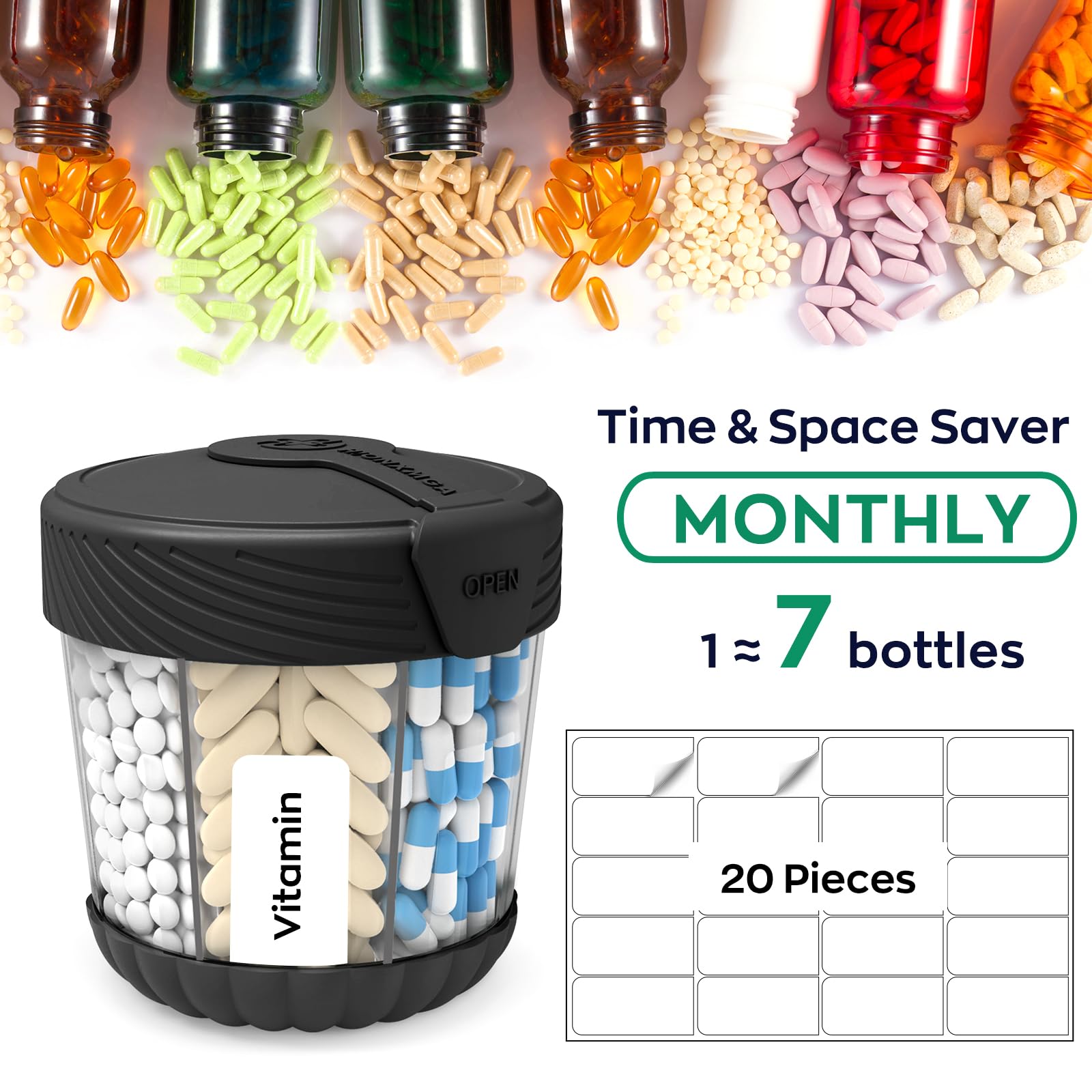 HIONXMGA Large Pill Dispenser with 7 Compartments, Portable Pill Bottle Organizer for Travel, Anti-Mix Supplement Organizer Easy