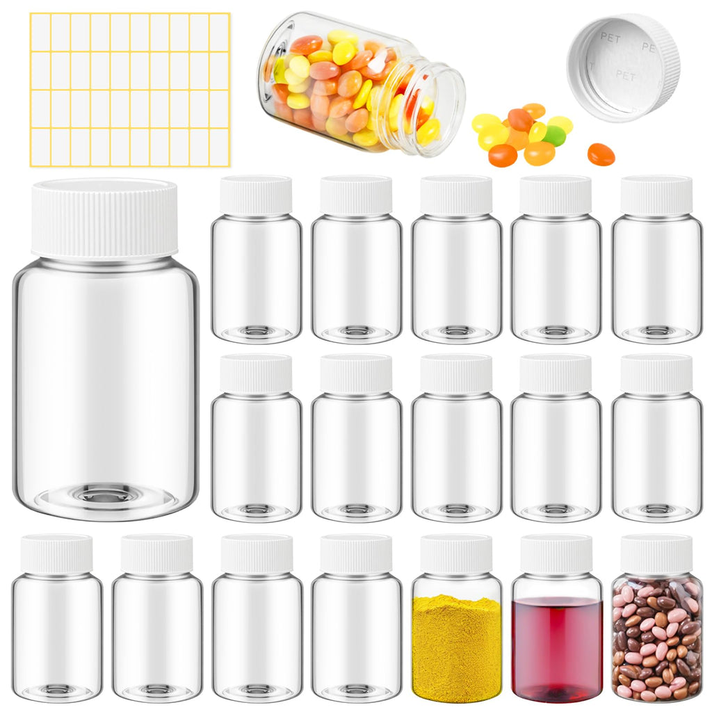 Lamoutor 18Pcs Clear Pill Bottle Plastic Medicine Bottle Empty Reagent Chemical Containers with Caps for Liquid Solid Powder Med