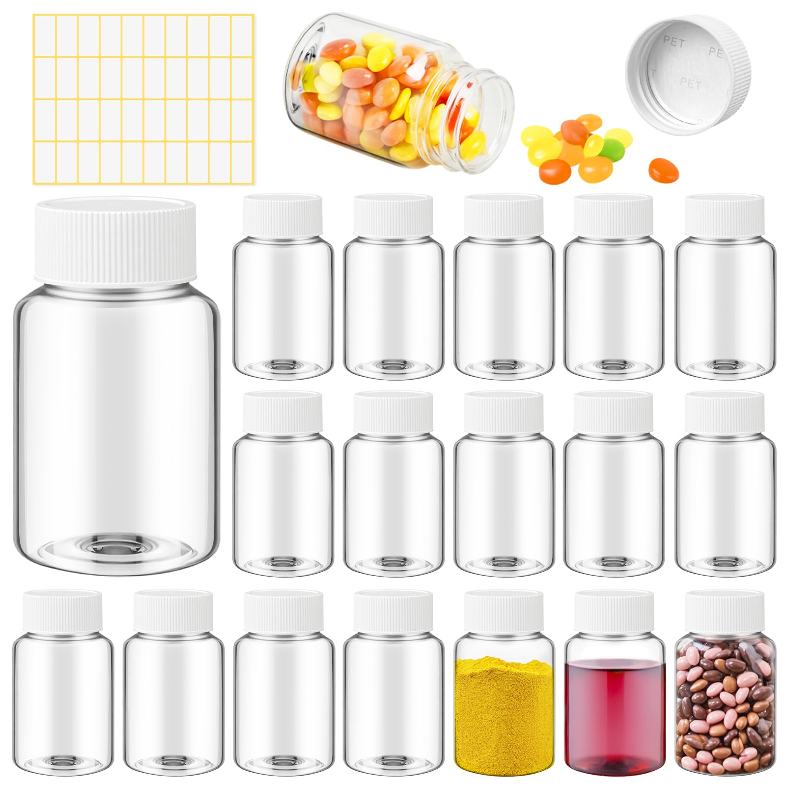 Lamoutor 18Pcs Clear Pill Bottle Plastic Medicine Bottle Empty Reagent Chemical Containers with Caps for Liquid Solid Powder Med