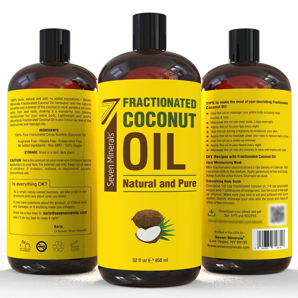 Seven Minerals, Pure Fractionated Coconut Oil - Big 32 fl oz Bottle - Non-GMO, 100% Natural, Lightweight Massage Oil for Massage