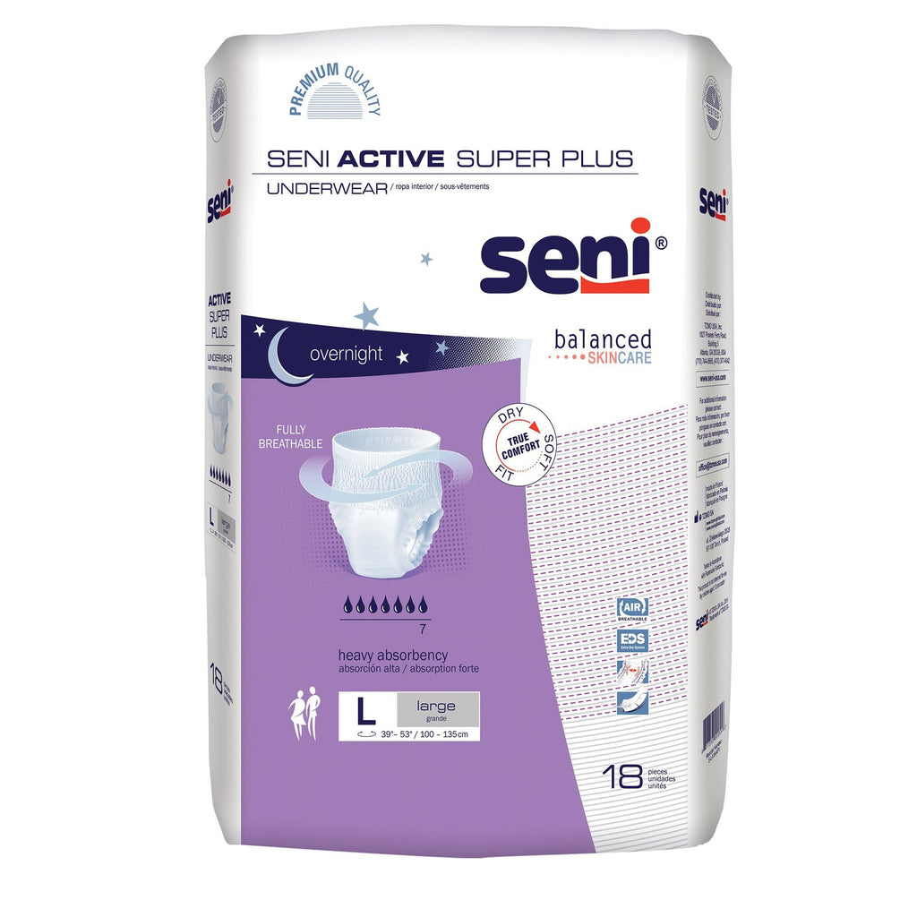 Seni Active Super Plus, Underwear for Heavy Incontinence, Large, 18 Count (Pack of 4)