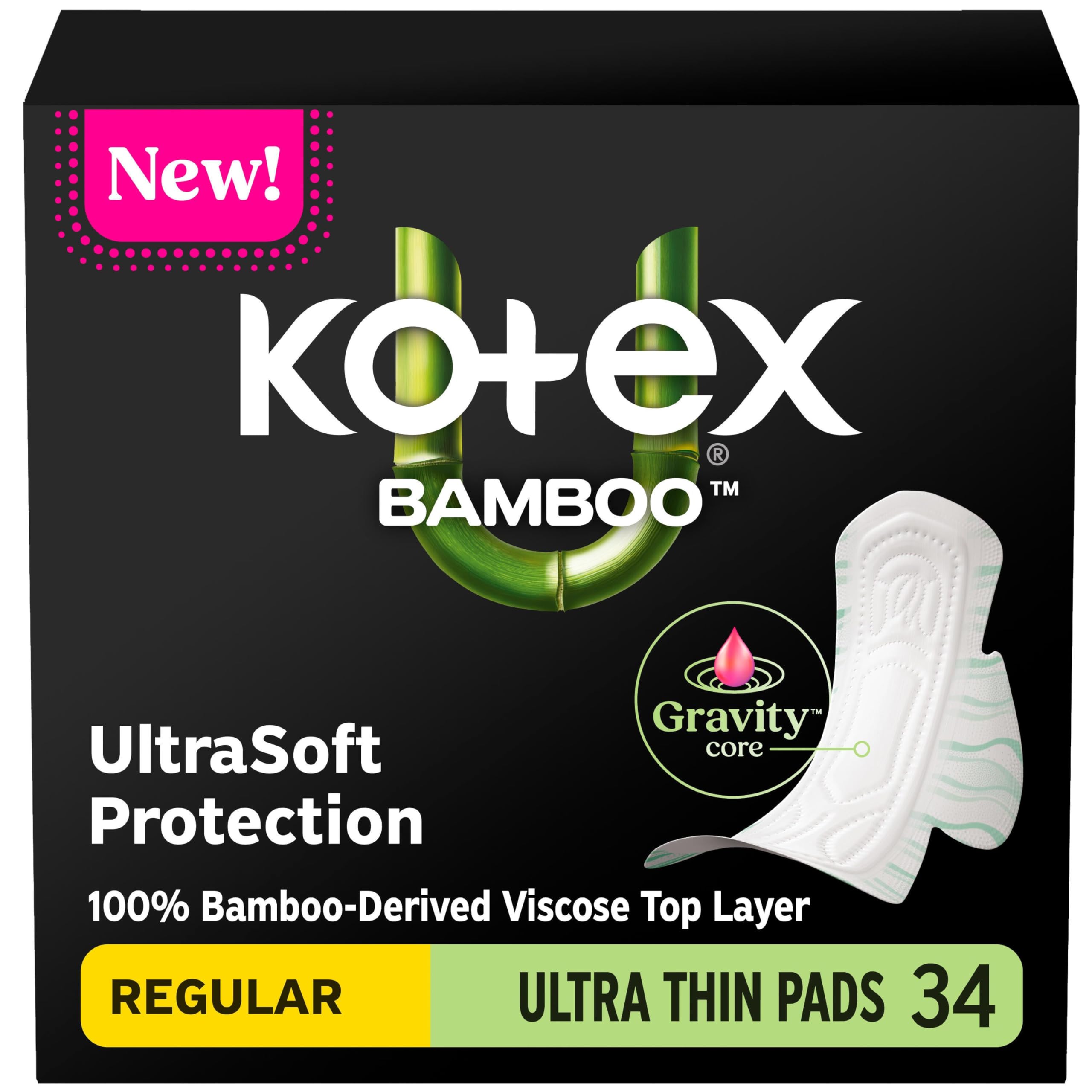 Kotex Bamboo Ultra Thin Pads with Wings, Regular Absorbency, 34 Count (Packaging May Vary)
