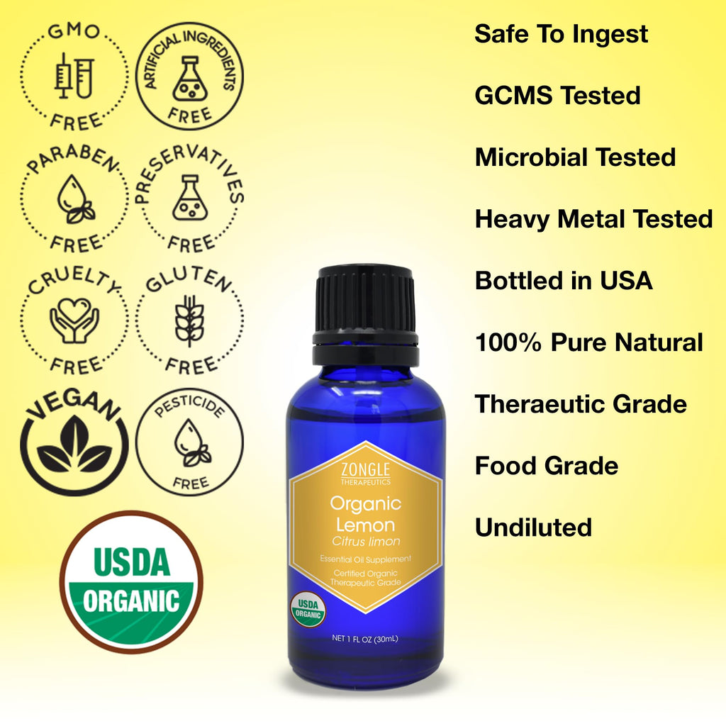 Organic, Lemon Essential Oil, Food Grade, for Cooking, Baking - 100% Pure, Lemon Oil, by Zongle Therapeutics, 1 OZ