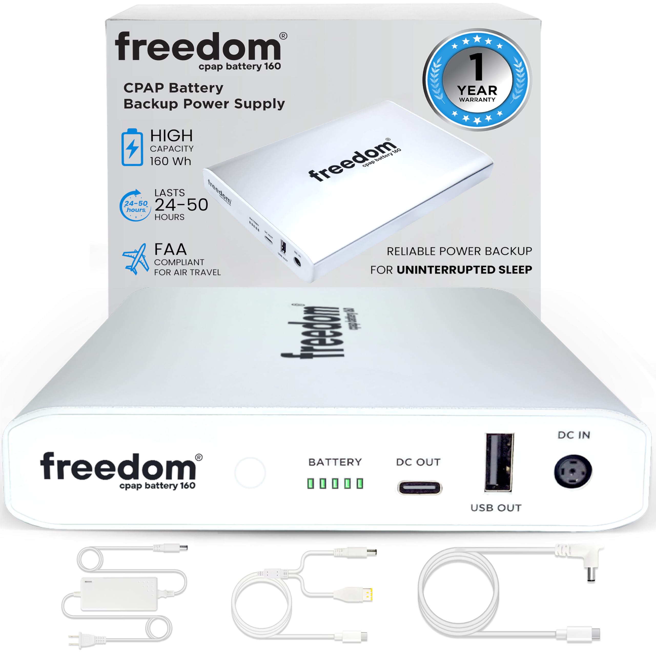 Freedom CPAP Battery Backup Power Supply, 160 Watt Hour, for Camping, Airline Travel & Power Outages (White)