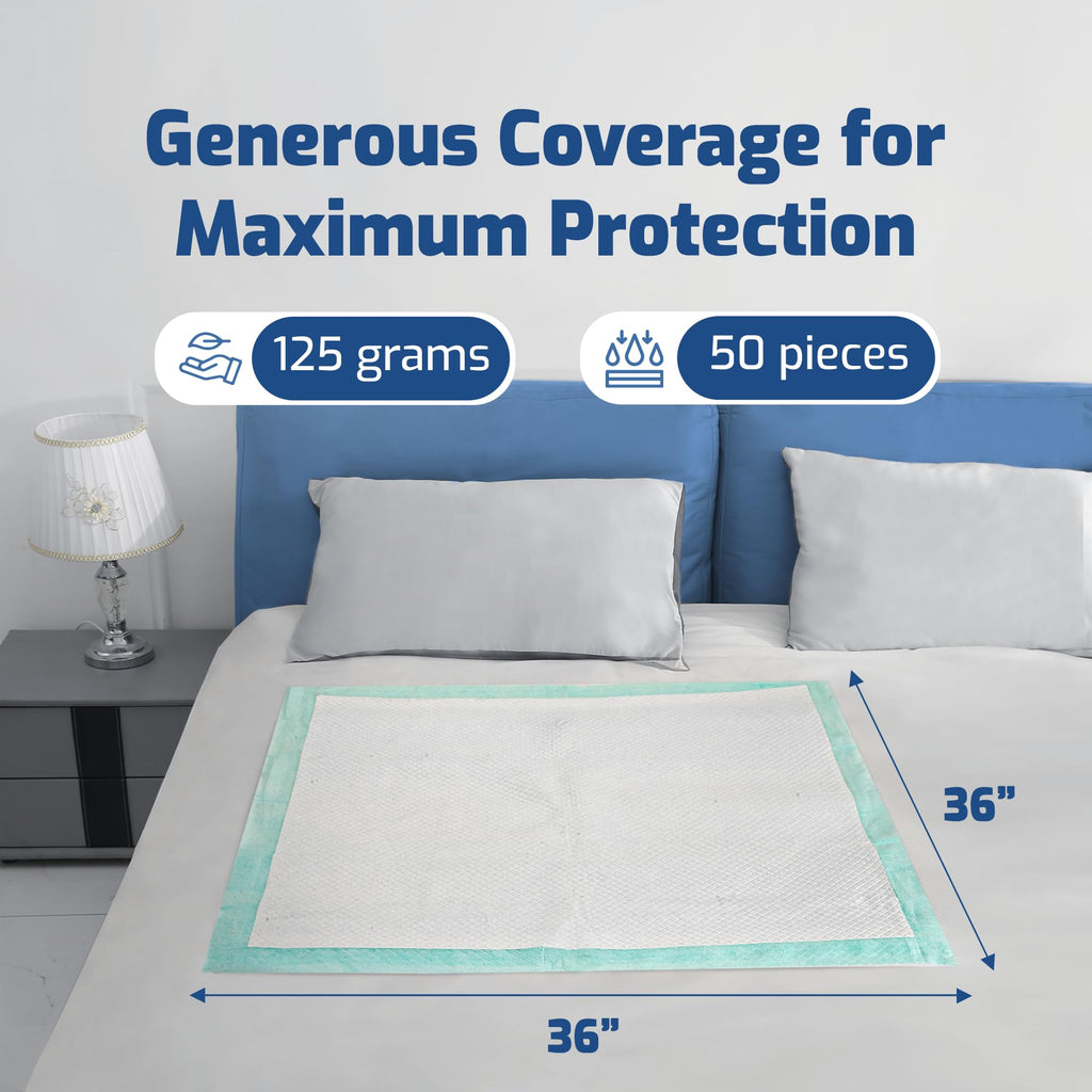 50 Pack Adhesive Disposable Bed Pads for Adults 125 Gram - 3XL 36x36 Non Slip Chucks Pads Disposable Adult, Incontinence Bed Pad