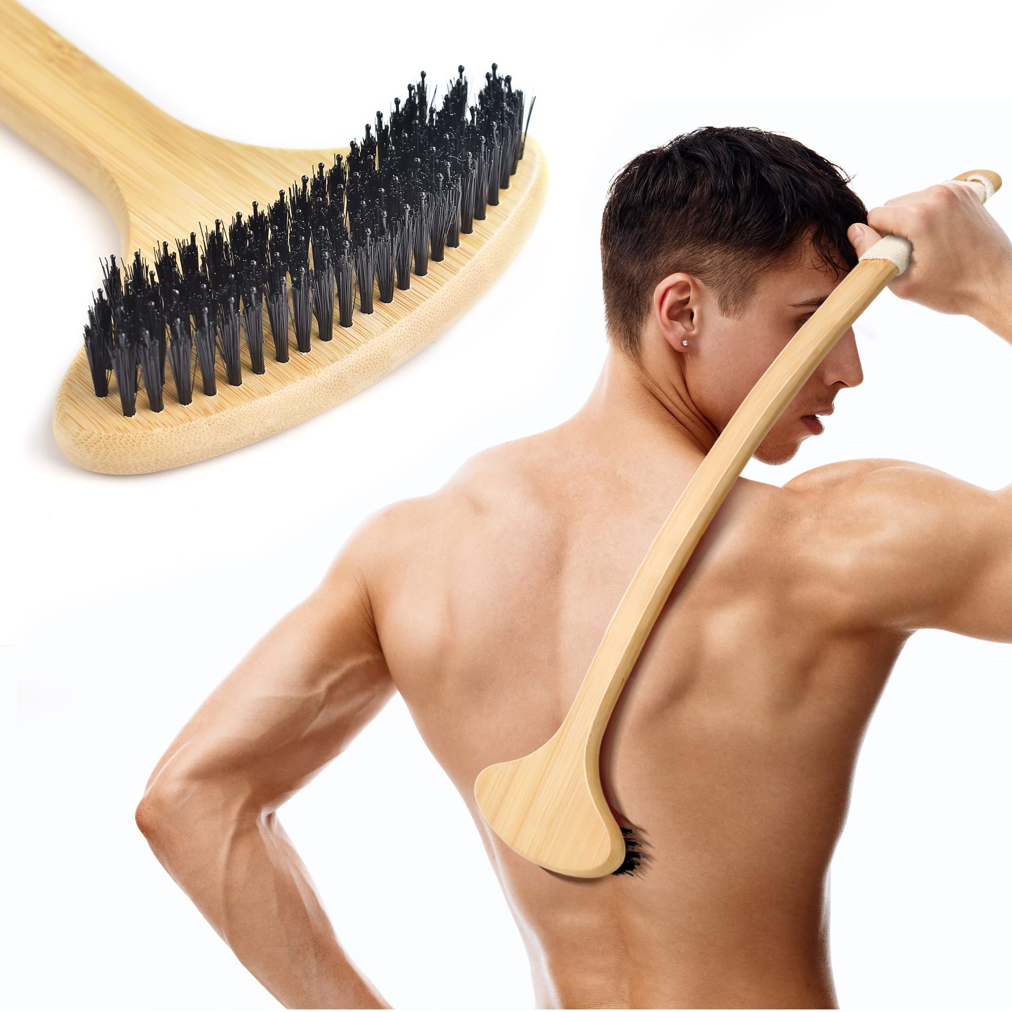 NURENDER Bamboo Back Scratcher, Oversized Body Scratcher with 22    Curved Long Handle and 2 in 1 Wide Scratching/Massaging Head