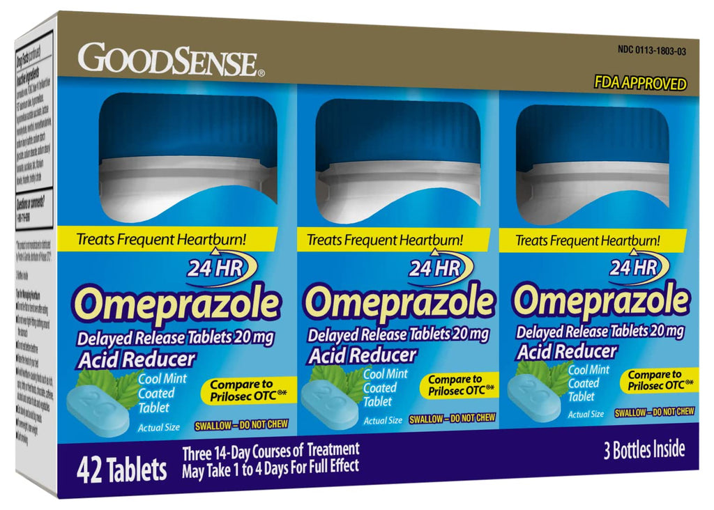 GoodSense Omeprazole Delayed Release Coated Tablets 20 mg, Cool Mint, Treats Frequent Heartburn, Acid Reducer, Heartburn Medicin