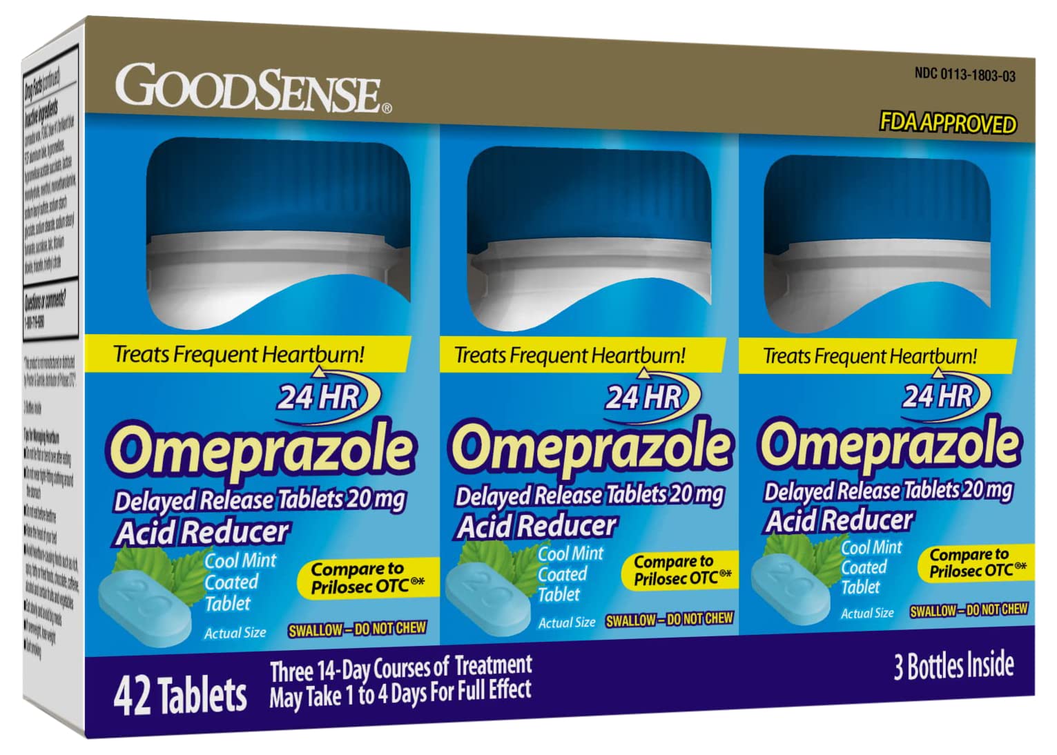 GoodSense Omeprazole Delayed Release Coated Tablets 20 mg, Cool Mint, Treats Frequent Heartburn, Acid Reducer, Heartburn Medicin