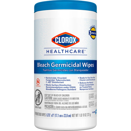 Clorox Healthcare Bleach Germicidal Wipes, 6.75 x 9, 70 Count Canister (Package May Vary)