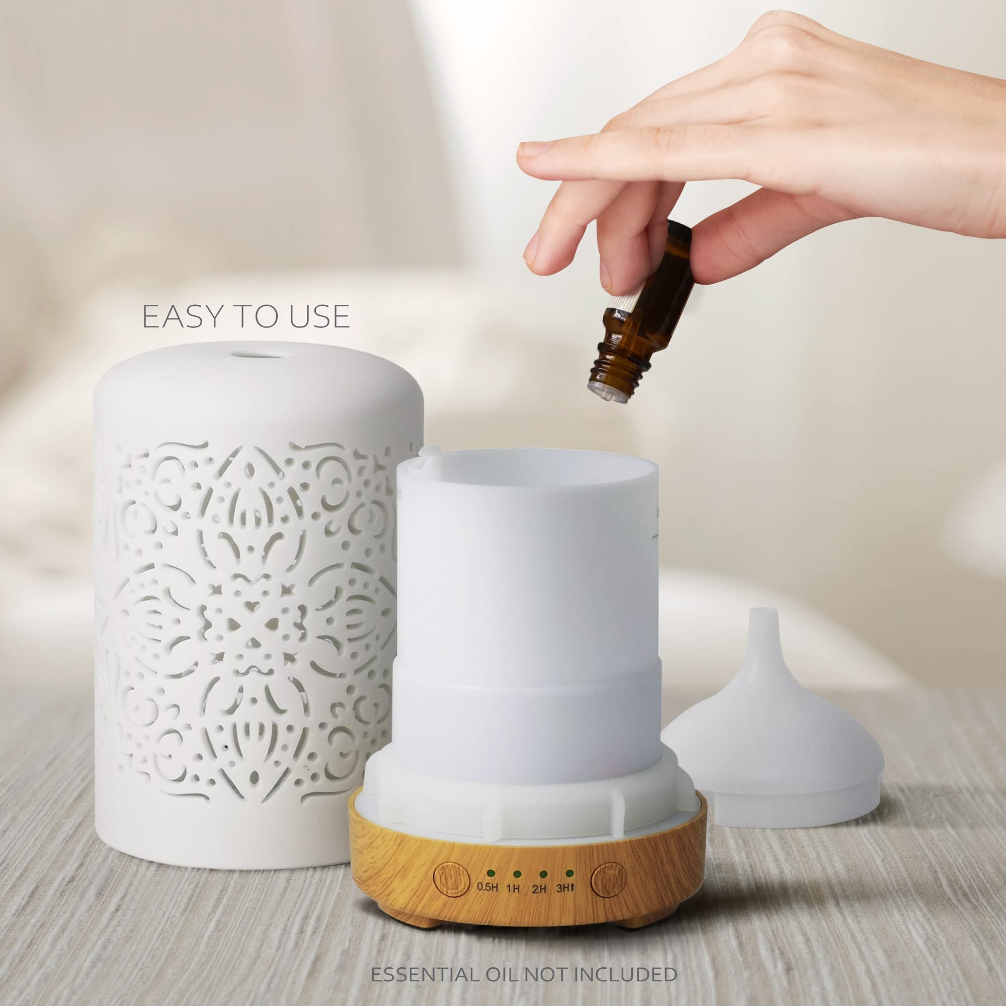Earnest Living Essential Oil Diffuser White Ceramic Diffuser 100 ml Timers Night Lights and Auto Off Function Home Office Humidi