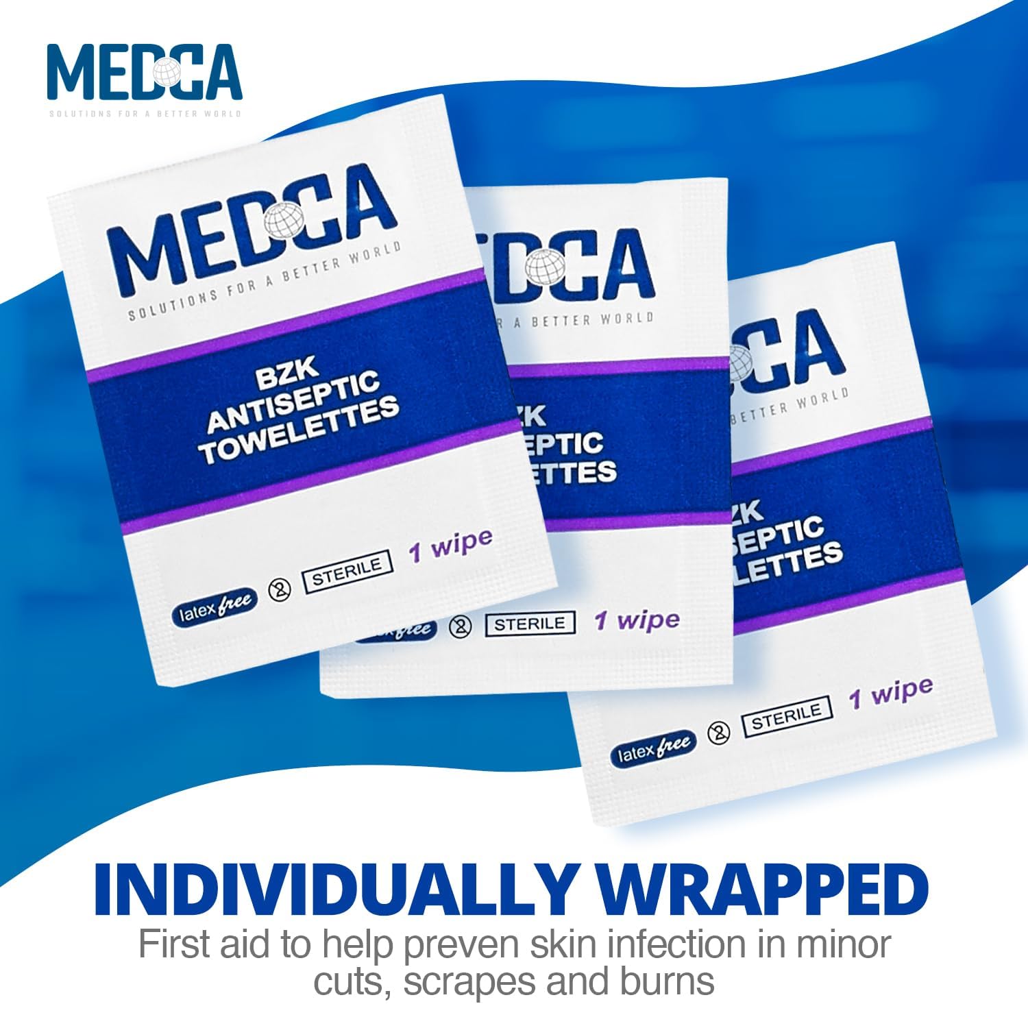 Benzalkonium Chloride Towelletes Hand Wipes - (Pack of 200) Chloride Swabs Individual BZK Single-Use Packets by MEDca 5x6