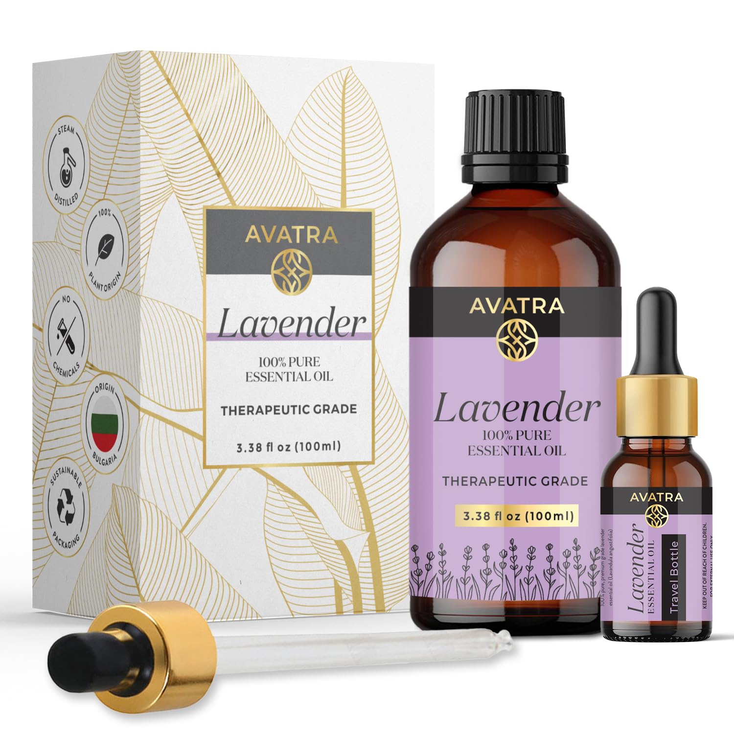 Avatra Lavender Essential Oil 100ML (3.38 OZ) with Glass Dropper and Travel Bottle, Pure and Natural Therapeutic Grade Lavender 