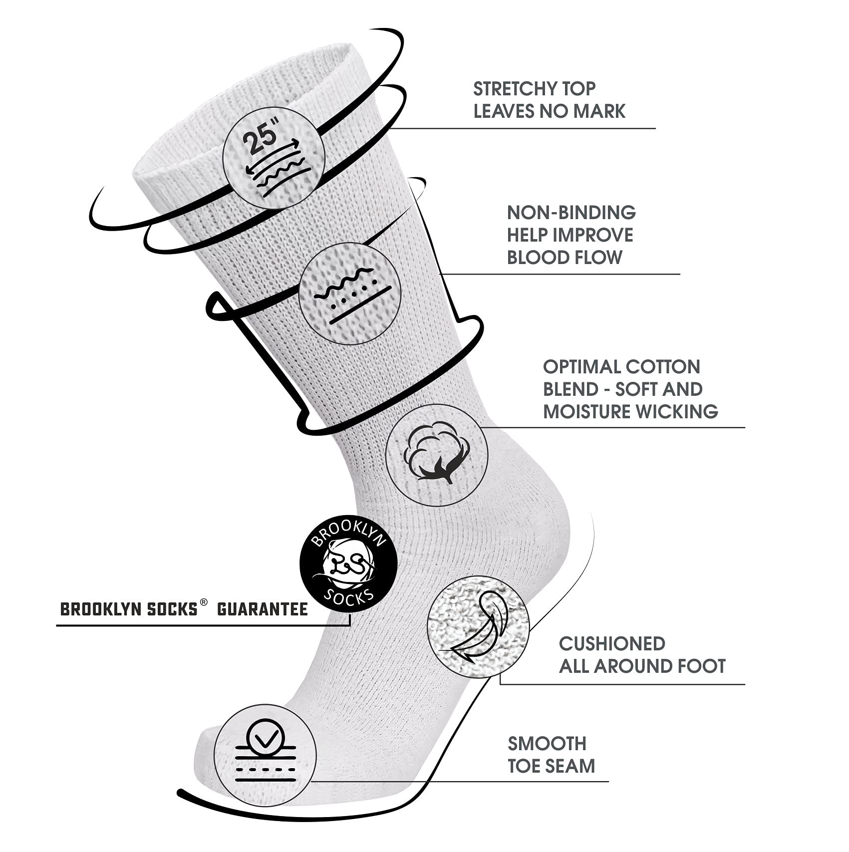 12 Pairs of Cotton Diabetic Neuropathy Crew Socks (13-16, Fits Men's Shoe Size 12-14.5, White)