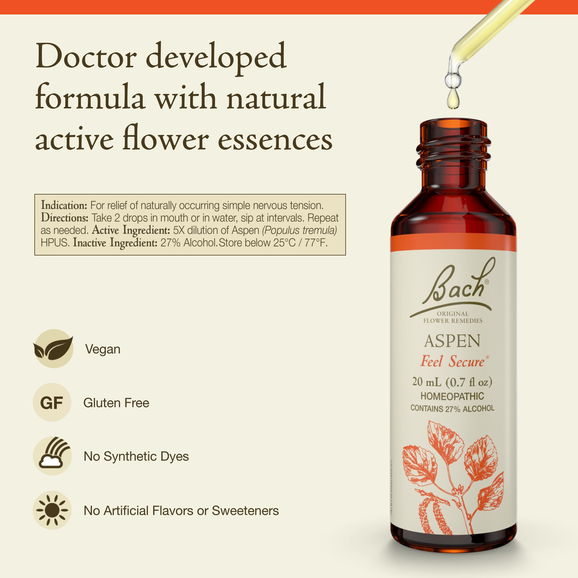 Bach Original Flower Remedies, Aspen - Feel Secure - Natural Homeopathic Flower Essence for Emotional Balance - Vegan, Gluten Fr