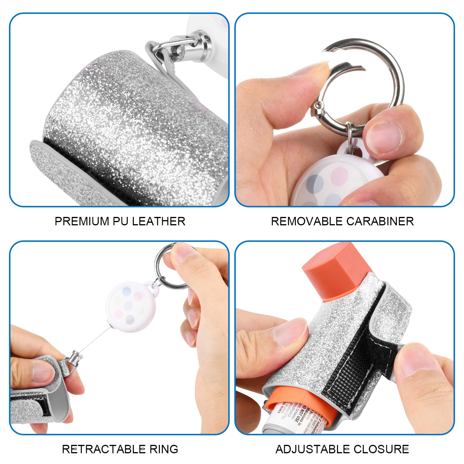 Beautyflier Asthma Inhaler Holder Keychain Retractable Clip PU Leather Travel Handy Holder for Kids and Adults, Inhaler Not Incl
