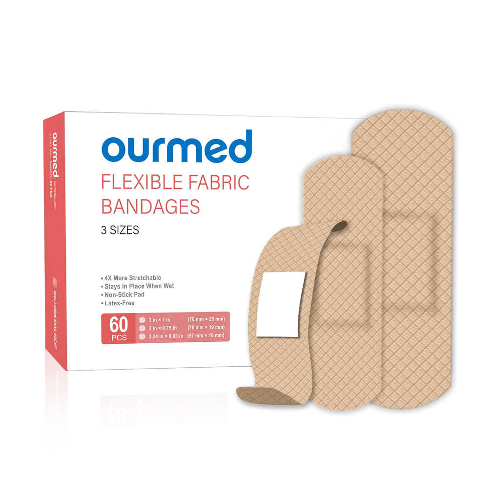 Ourmed Flexible Fabric Adhesive Bandages,60 Count, Latex Free First Aid Bandage with Non-Stick Pad for Wound Care, Cuts, Scrapes