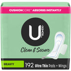 U by Kotex Clean & Secure Ultra Thin Pads with Wings, Heavy Absorbency, 192 Count (6 Packs of 32) (Packaging May Vary)