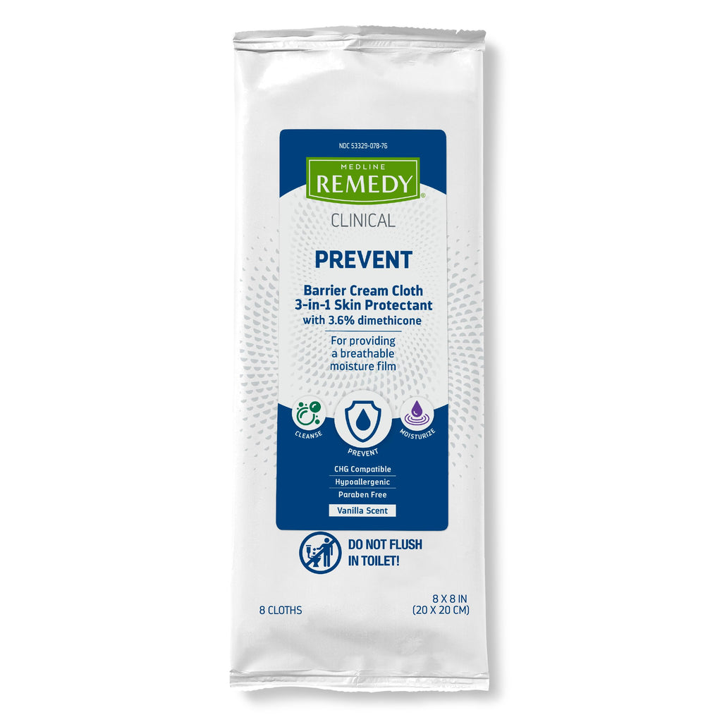 Medline Remedy Clinical 3-in-1 Barrier Cream Cloth, 8 count (32 Packs), 8 x 8 in Adult Wet Wipes, Vanilla Scent, Incontinent Car