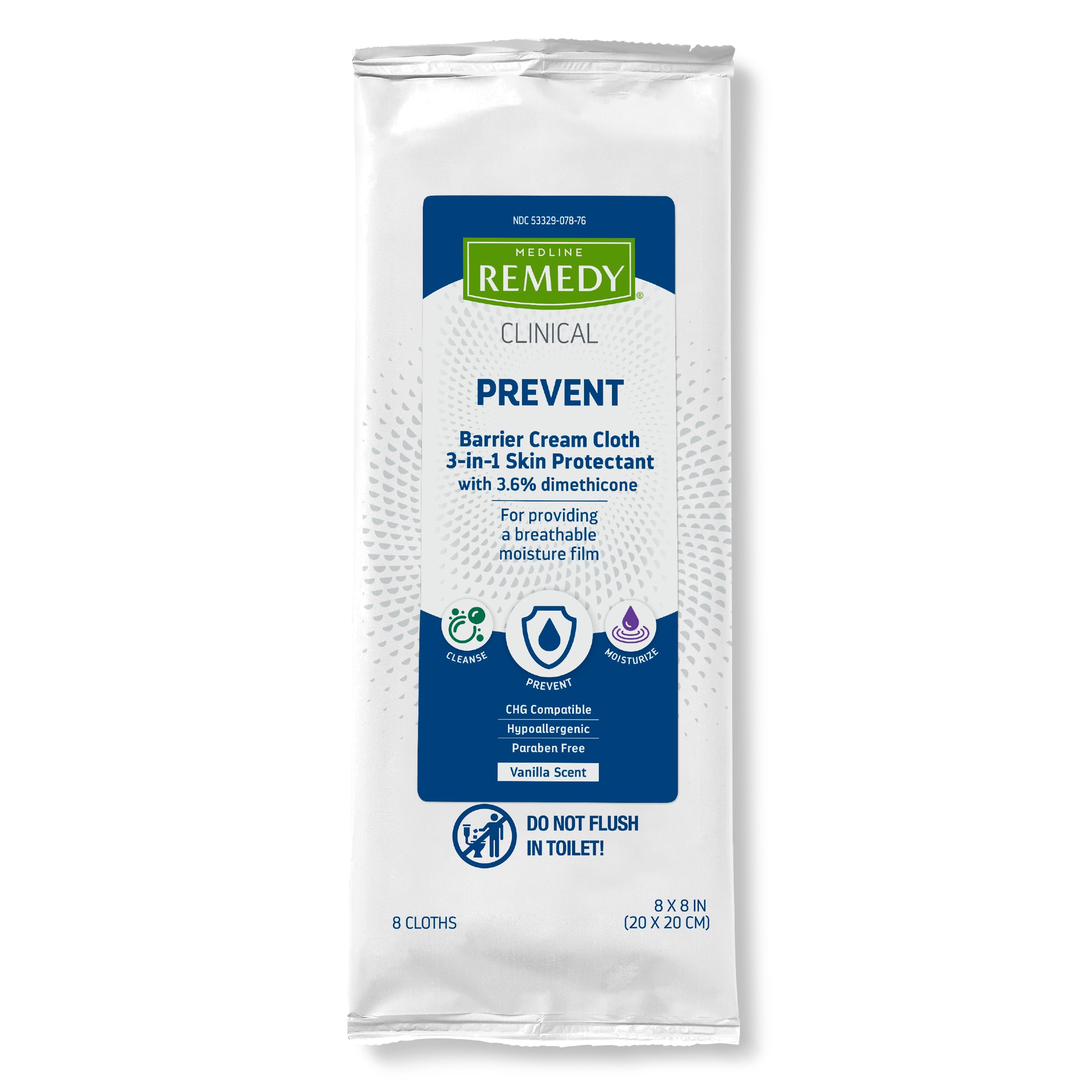 Medline Remedy Clinical 3-in-1 Barrier Cream Cloth, 8 count (32 Packs), 8 x 8 in Adult Wet Wipes, Vanilla Scent, Incontinent Car