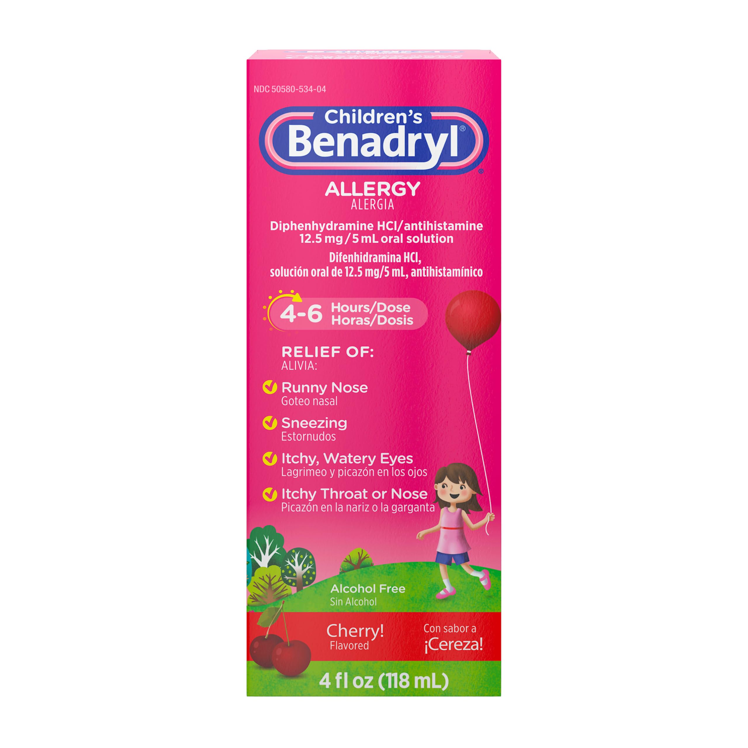 Benadryl Childrens Allergy Relief Liquid Medicine with Diphenhydramine HCl, Kids Allergy Syrup for Allergy Symptoms Like Runny