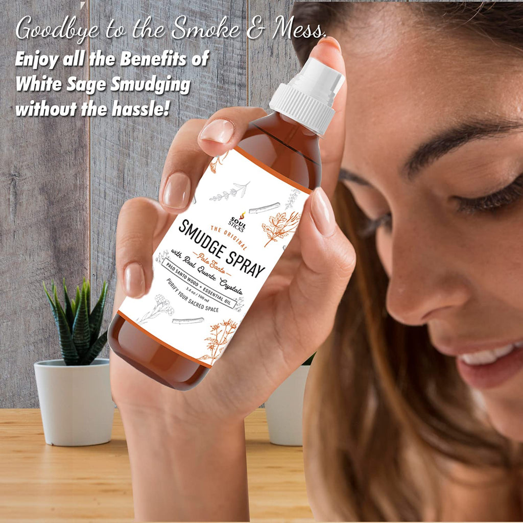 SOUL STICKS White Sage & Cinnamon Smudge Spray - 3.5oz Smokeless Energy Mist with Quartz Crystals - Non-Toxic Cleansing Spray fo