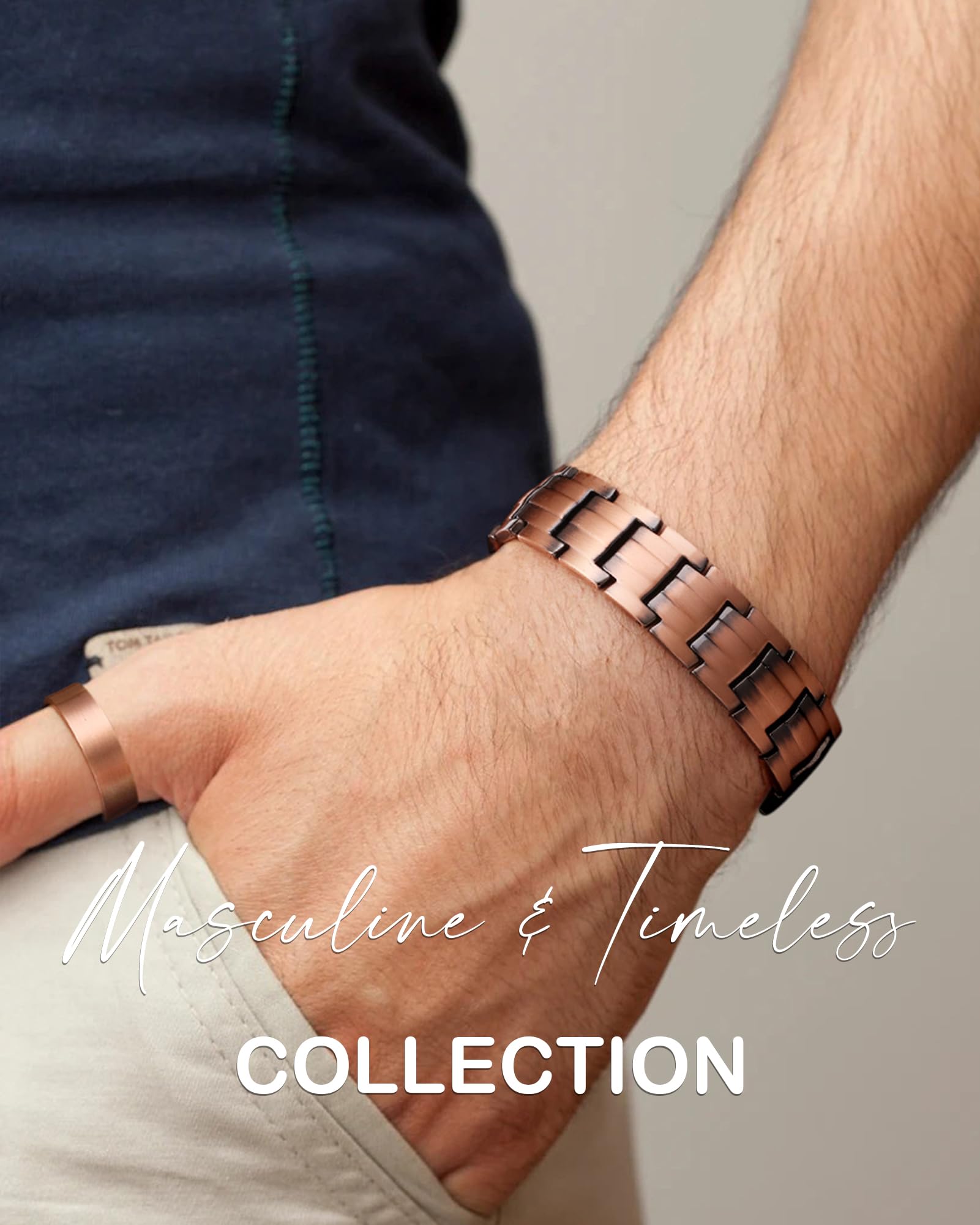 Feraco Men's Copper Magnetic Bracelet and Ring Elegant 99.99% Solid Copper Bracelets with Double-Row Strong Magnets, Magnetic Fi