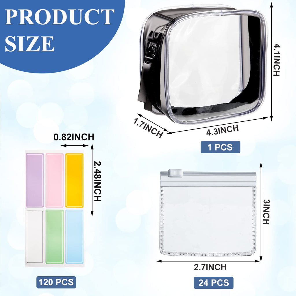 Meanplan 26 Pcs Pill Pouches Reusable Clear Zippered Pill Bag, Transparent PVC Toiletry Carry Pouch, 180 Pcs Waterproof Labels S