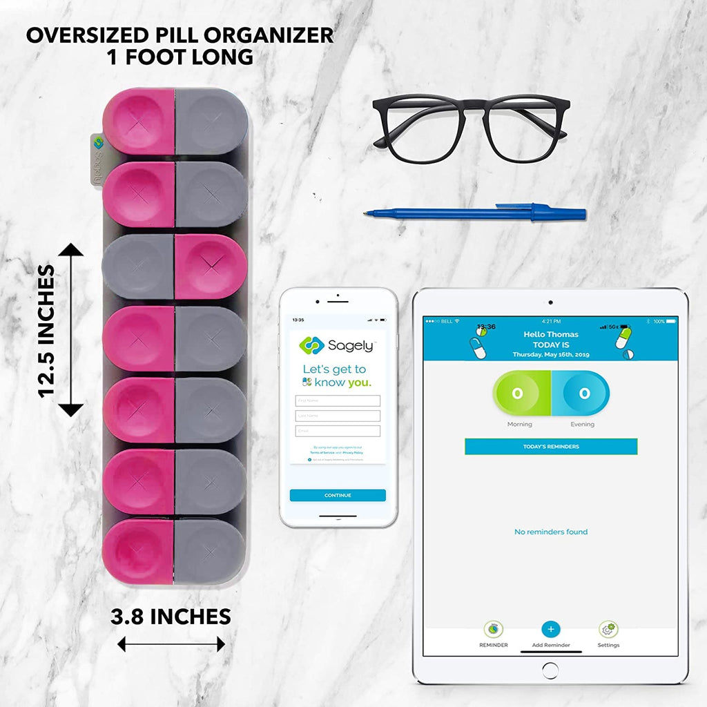 Sagely Smart XL Weekly Pill Organizer - 7 Day Pill Box 2 Times a Day with Free Reminder Alarm App (Large Enough to Fit Fish Oil,