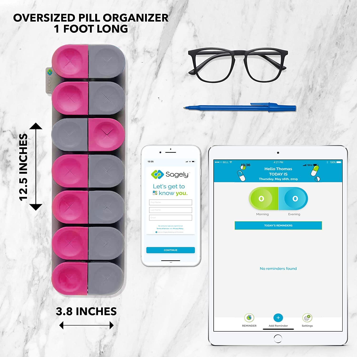 Sagely Smart XL Weekly Pill Organizer - 7 Day Pill Box 2 Times a Day with Free Reminder Alarm App (Large Enough to Fit Fish Oil,