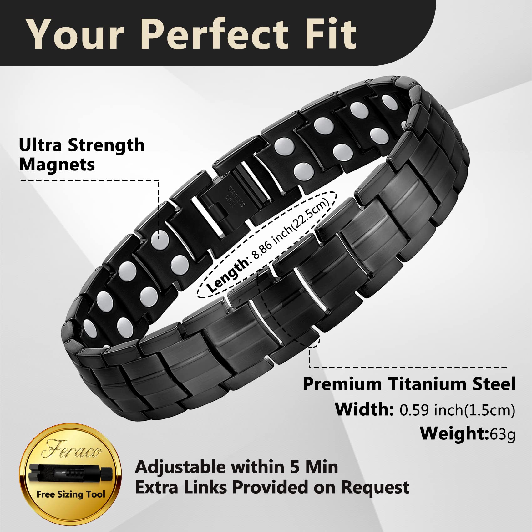 Feraco Magnetic Bracelet for Men Titanium Steel Magnetic Bracelet for Men with Double Row Magnets Adjustable (Black)
