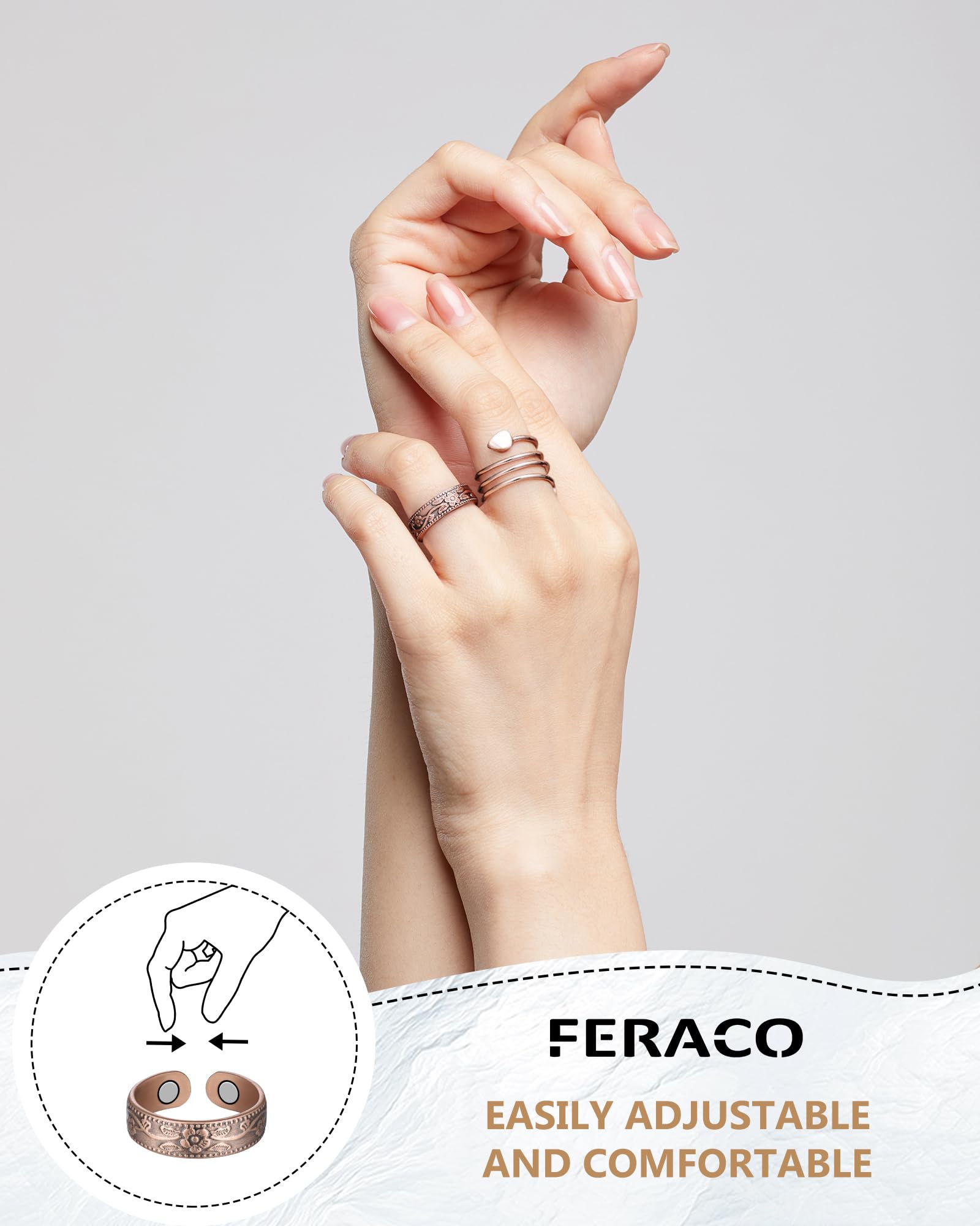 Feraco 2 Pcs Magnetic Copper Rings for Women,99.99% Pure Copper Thumb Ring for Women,Adjustable Fingers Ring with Jewelry Gift B