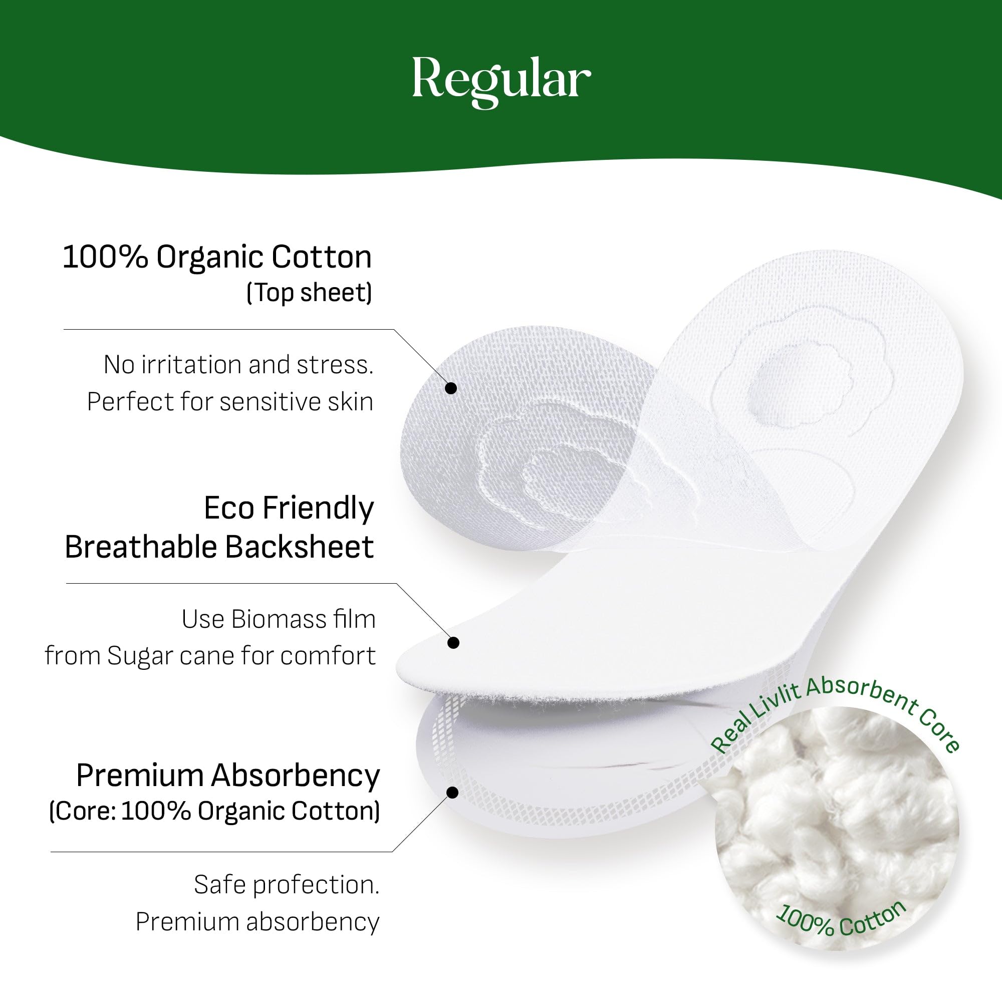 Livlit Regular Size Ultra Thin Sanitary Pads, 100% Organic Cotton from Texas, Powerful Leak Protection, Unscented, Chlorine Free