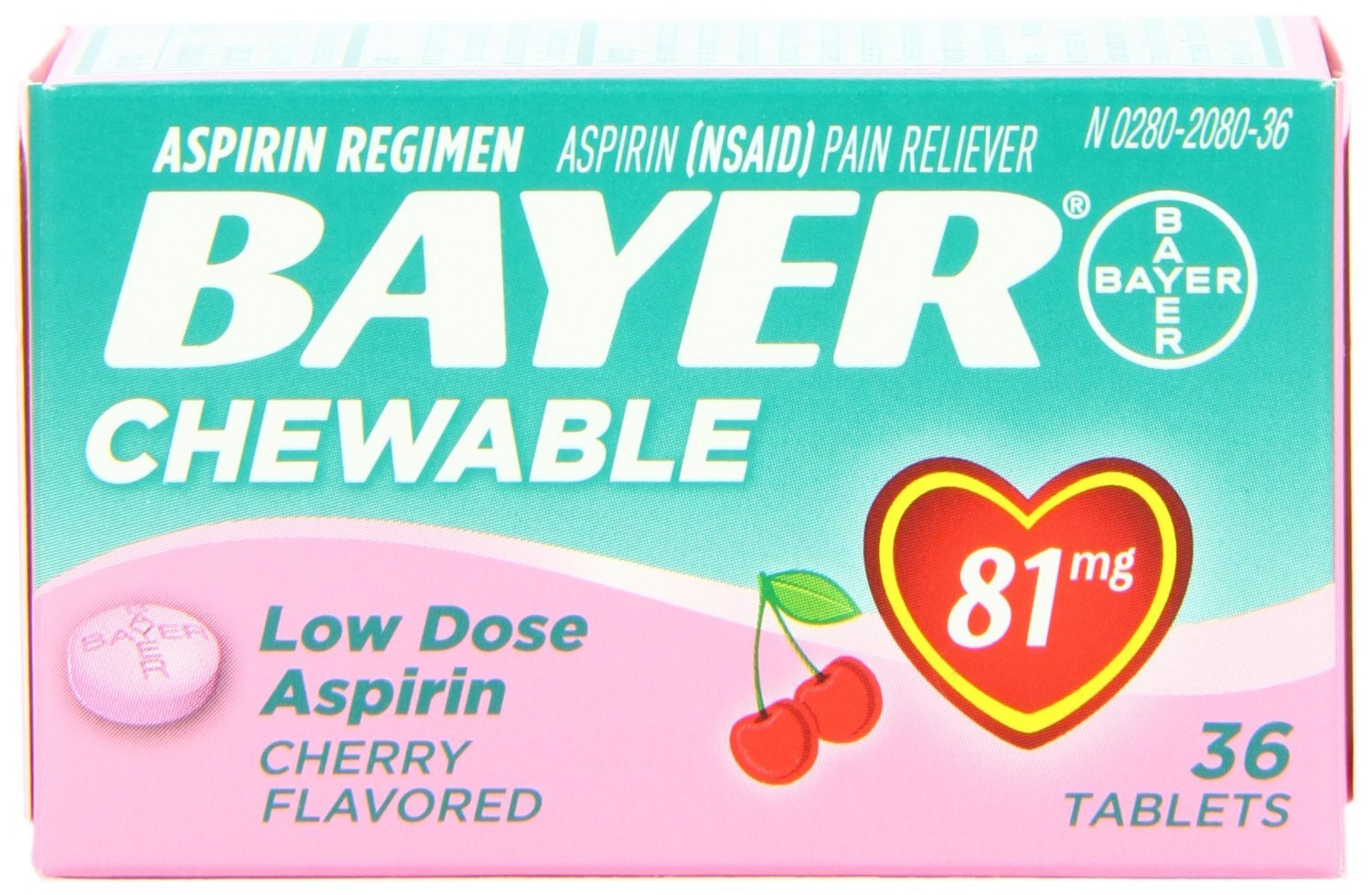 Bayer Chewable Low Dose Aspirin Cherry , 36 Count (Pack of 3)