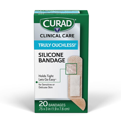CURAD Truly Ouchless! Silicone Bandages, .75'' x 3'', For Sensitive or Delicate Skin, Flexible Fabric, Protects Scrapes, Cuts & 
