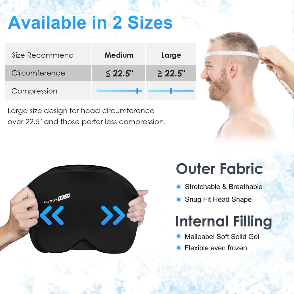 ComfiTECH Head Ice Pack Wrap Cold Cap Cooling Gel Hat, Large, Black