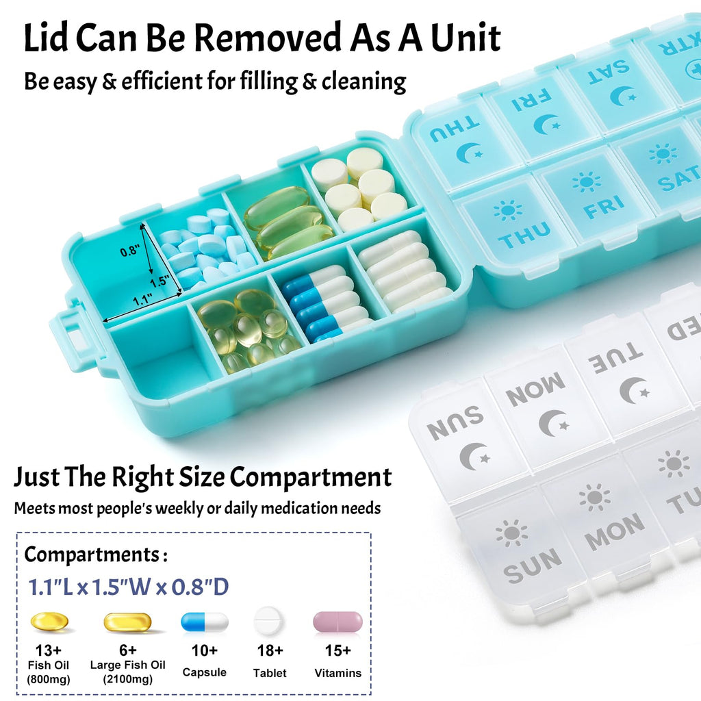 Foldable Weekly Pill Organizer 2 Times a Day with 2 Extra Compartments - Etched Labels - Portable 7 Day AM PM Medicine Box, Week